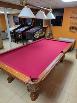 Gordon Taylor Pool/Billiard Table with Red Felt, Carved Wood Legs