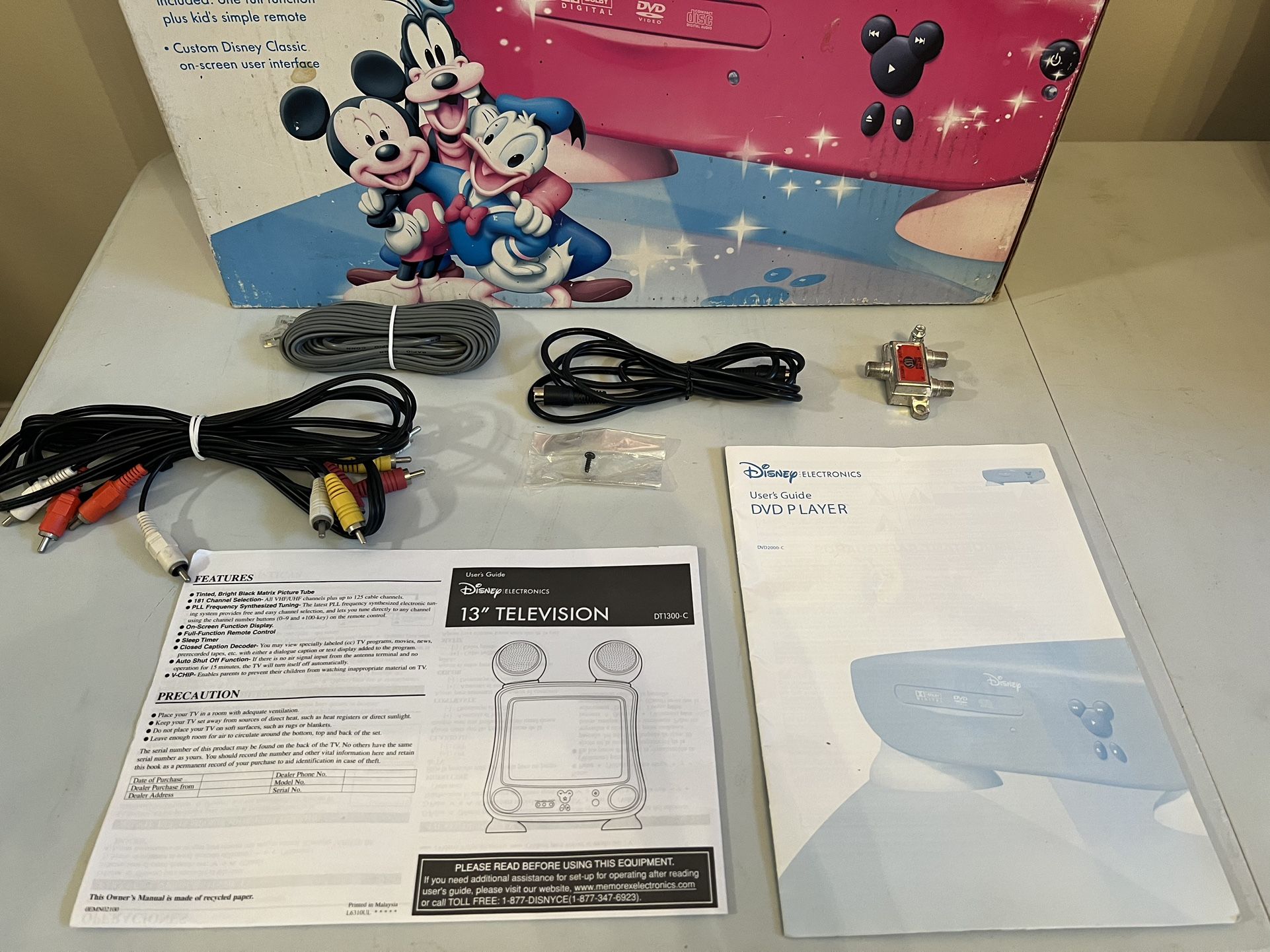 VTG Disney Mickey Mouse Color TV w/speaker ears& DVD, 3 remotes