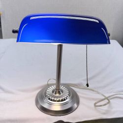 Vintage Bankers Lamp Cobalt Blue Glass Shade Brushed Nickel Desk Light 14in
