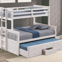 Brand New White Twin Over Full Bunk Bed w Trundle Bed + Drawers 