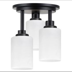 Semi Flush Mount Ceiling Light,3 Lights Milky Frosted Glass Shade, Matte Black Finish