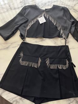 Black Crystal Fringe Crop Top and Shorts Set