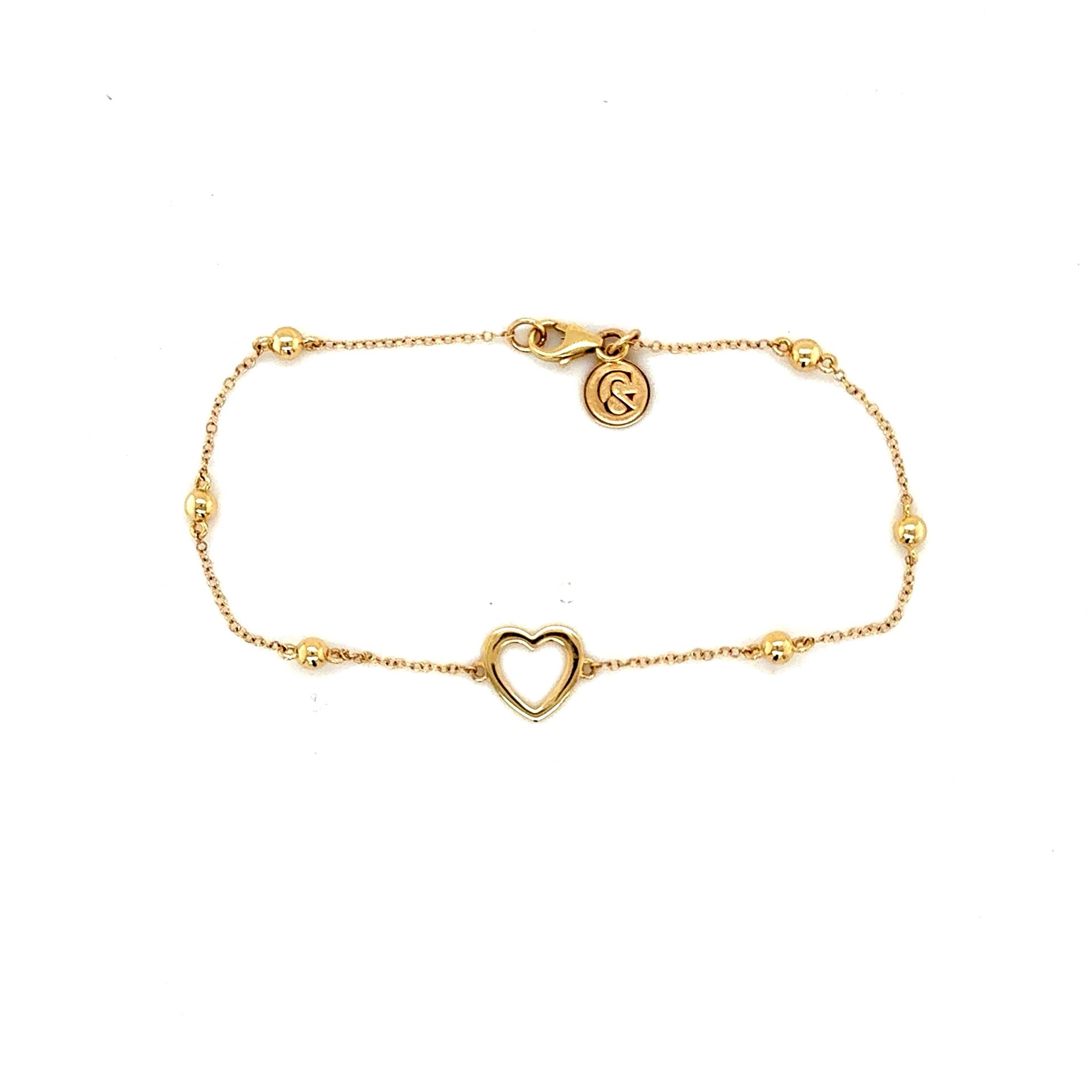 14K Gold Station Bead Heart Bracelet