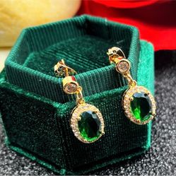 NEW Oval Shape Emerald CZ Stone Gold Plated Dangle Earrings