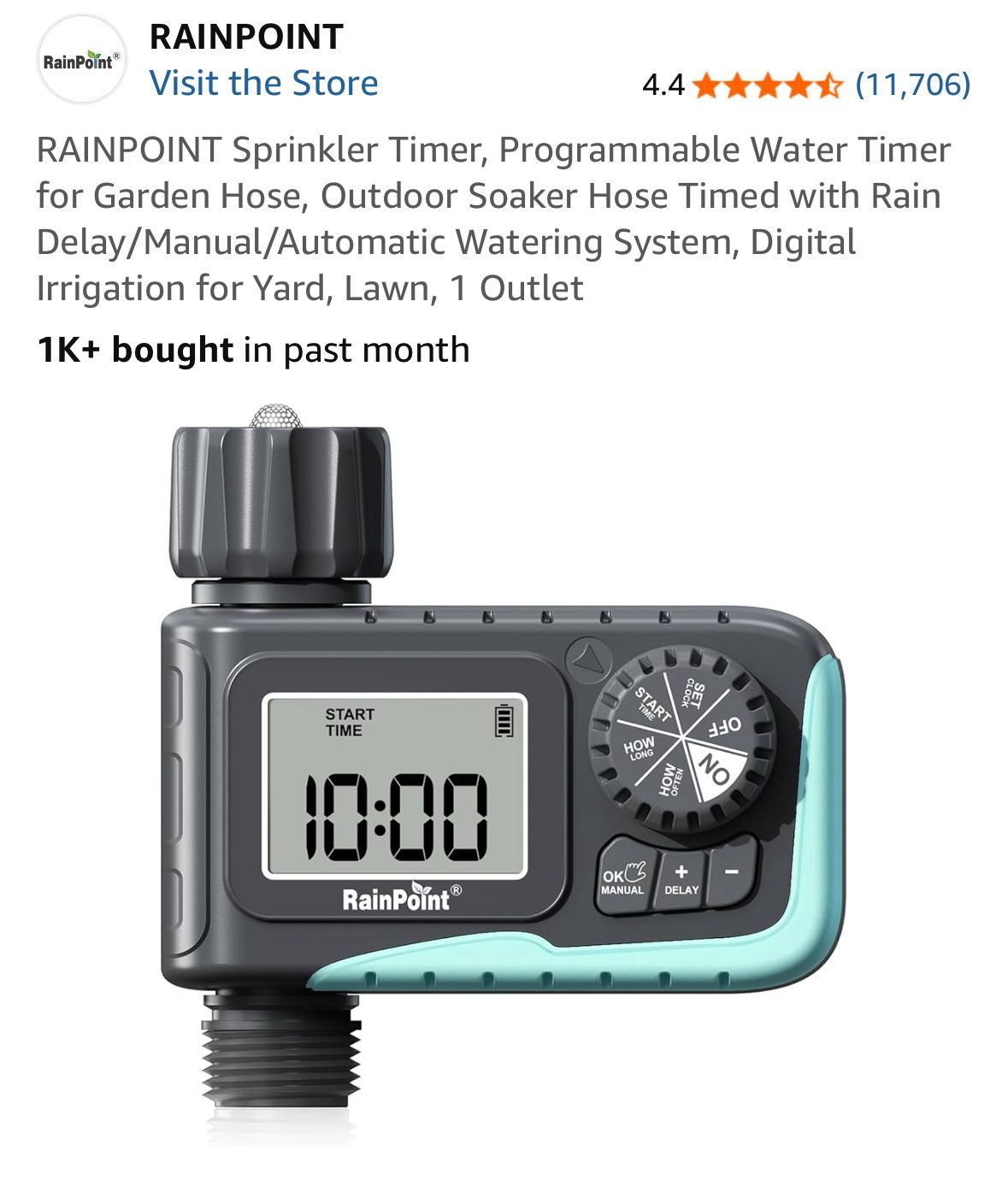 RAINPOINT Sprinkler Timer, Programmable Water Timer for Garden Hose, Outdoor Soaker Hose Timed with Rain Delay/Manual/Automatic Watering System, Digit