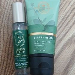 Bath & Body Works Stress Relief Euctaplyptus + Spearmint, Travel Sizes Essential Oil/perfume Mist, And travel Size Body Cream