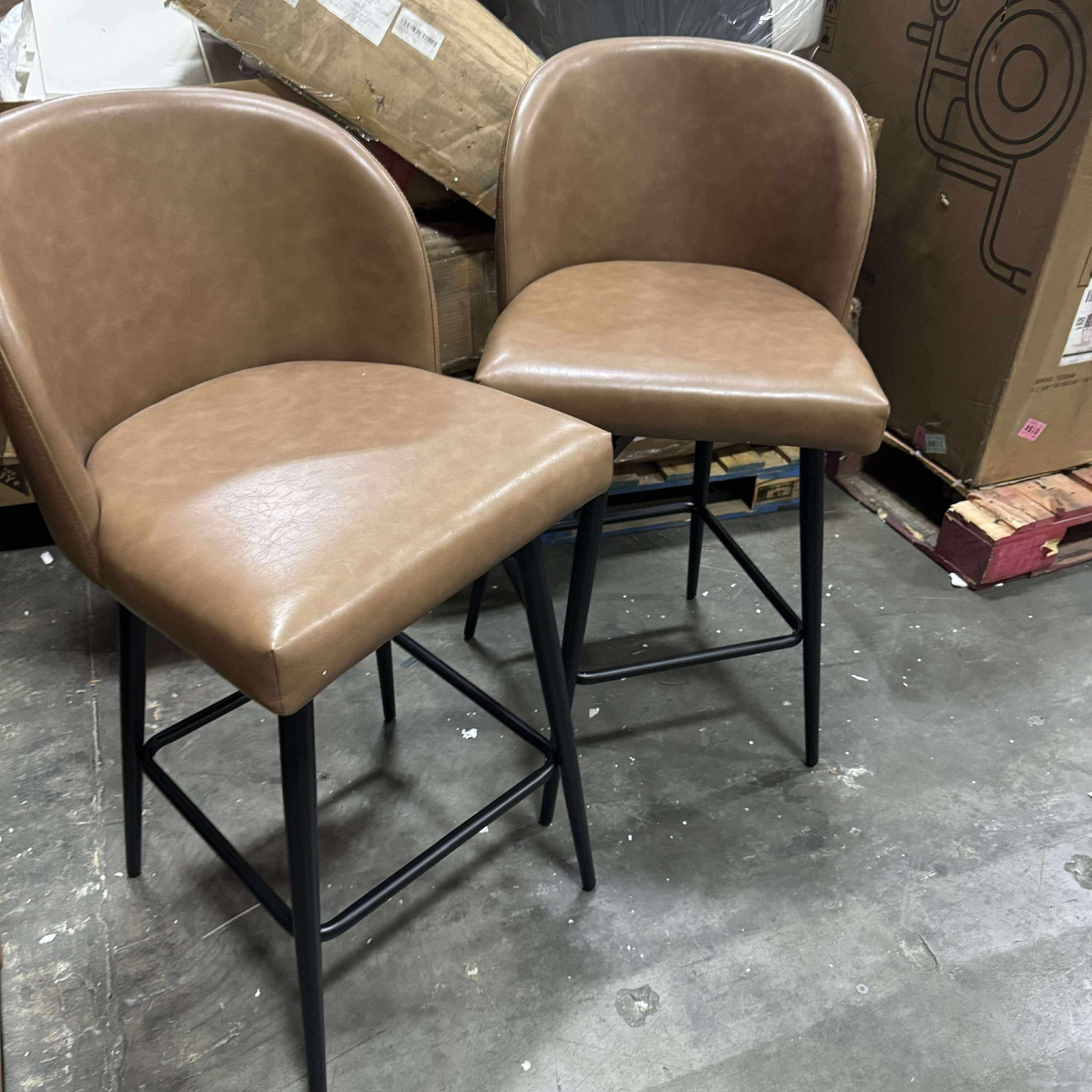 Barstools Bar Height Set of 2, Upholstered 360° Swivel Bar Stools with Backs and Metal Legs, 30" H Seat Height, Faux Leather in Saddle Brown