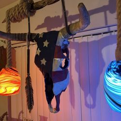 Bull Skull Hanging Lamp. Skull Is Upholstered With The American Flag I , Color Changing Leds Under Art Glass Lamps $  150 Firm