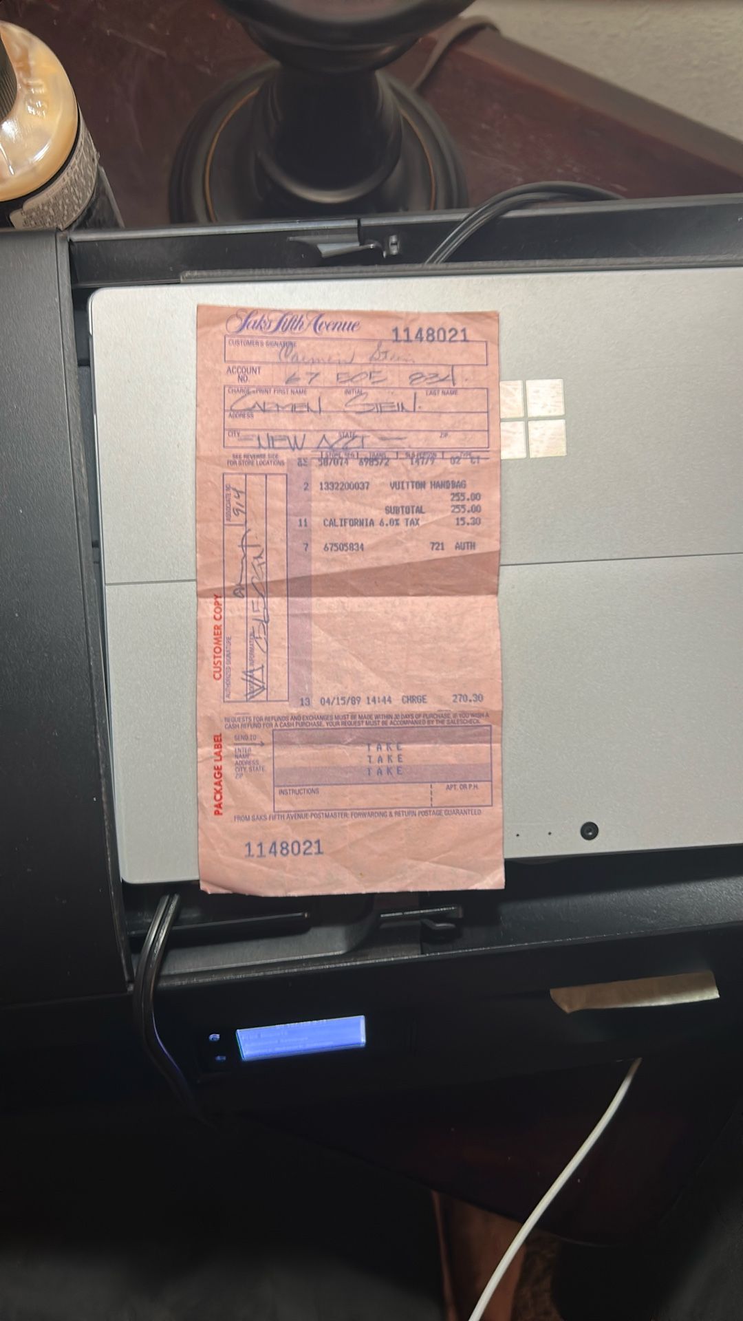 Receipt For A Louis Vuitton Medicine Bag. 1989