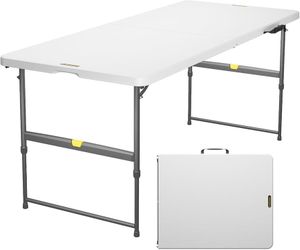 6ft Portable Folding Table, 3 Heights, One-Handed Height Adjustment, Gravity Lock, Carry Handle, Indoor Outdoor Heavy Duty Fold-in-Half Utility Table,