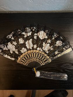 Hand Fan with Rose Embroidery with Black Lace