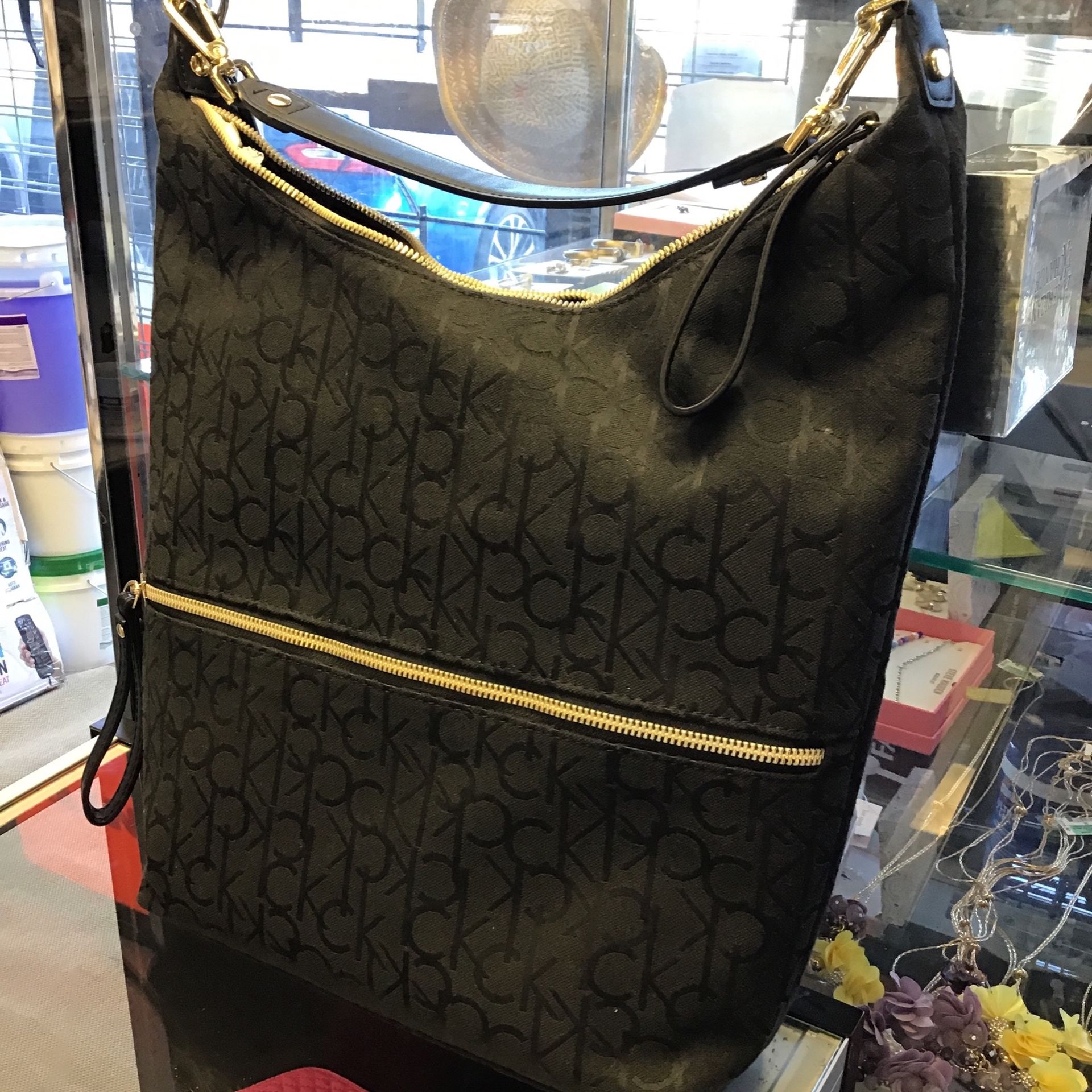Calvin Klein Elaine Black Signature Key Item Hobo Canvas Top Zip, Shoulder