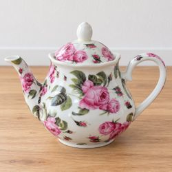 Kent Pottery Pink Rose Floral Ceramic Teapot with Lid White