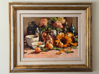 Henri Hess (b. 1950) Original Signed Oil Painting — Monumental Floral Still Life with Sunflowers & Copper — Framed — $8,500