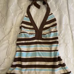 Brown and blue striped halter tank top