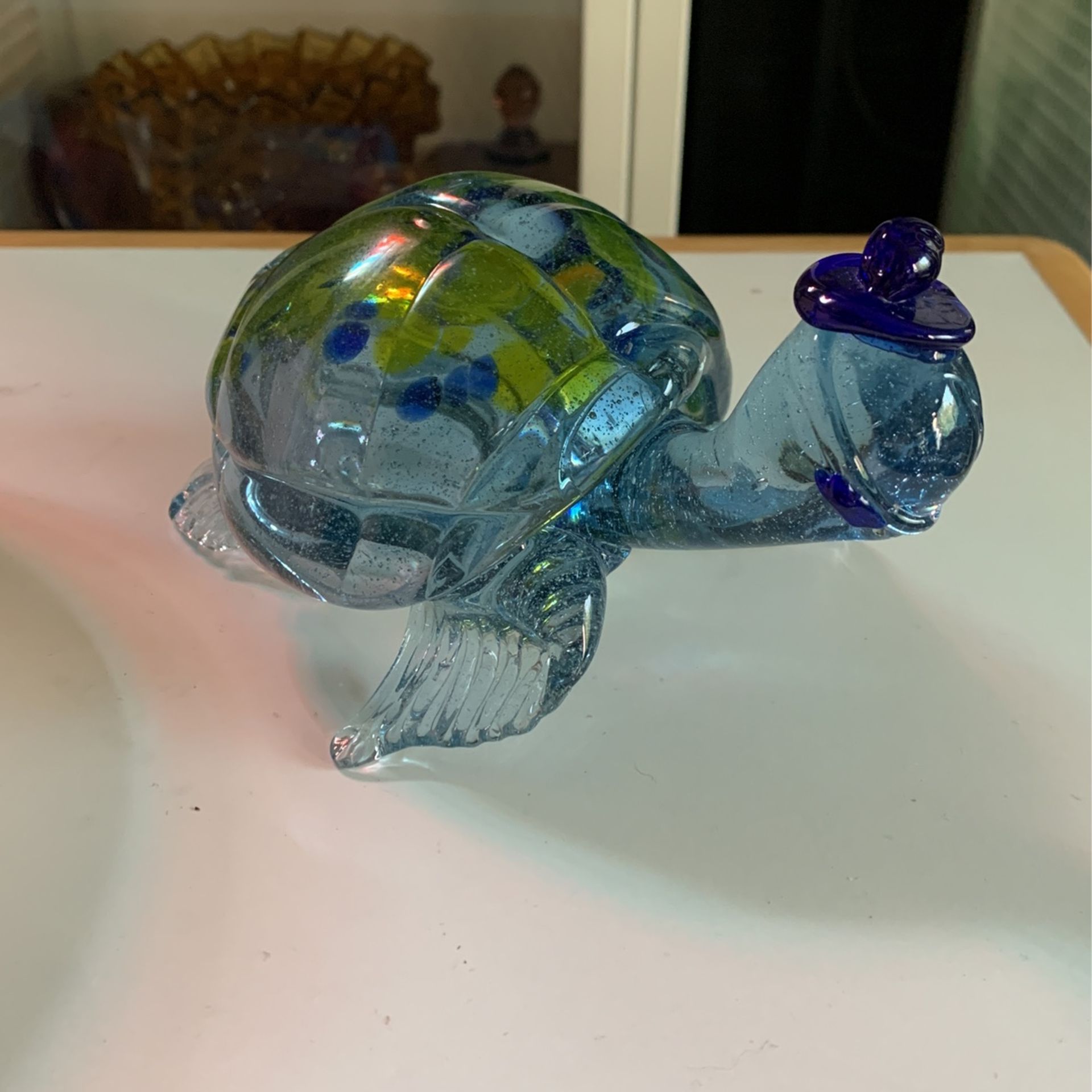 Art Glass Sea Turtle Paperweight Color Spots Hat Top Hat Figurine 5”x3.5”x3.5”
