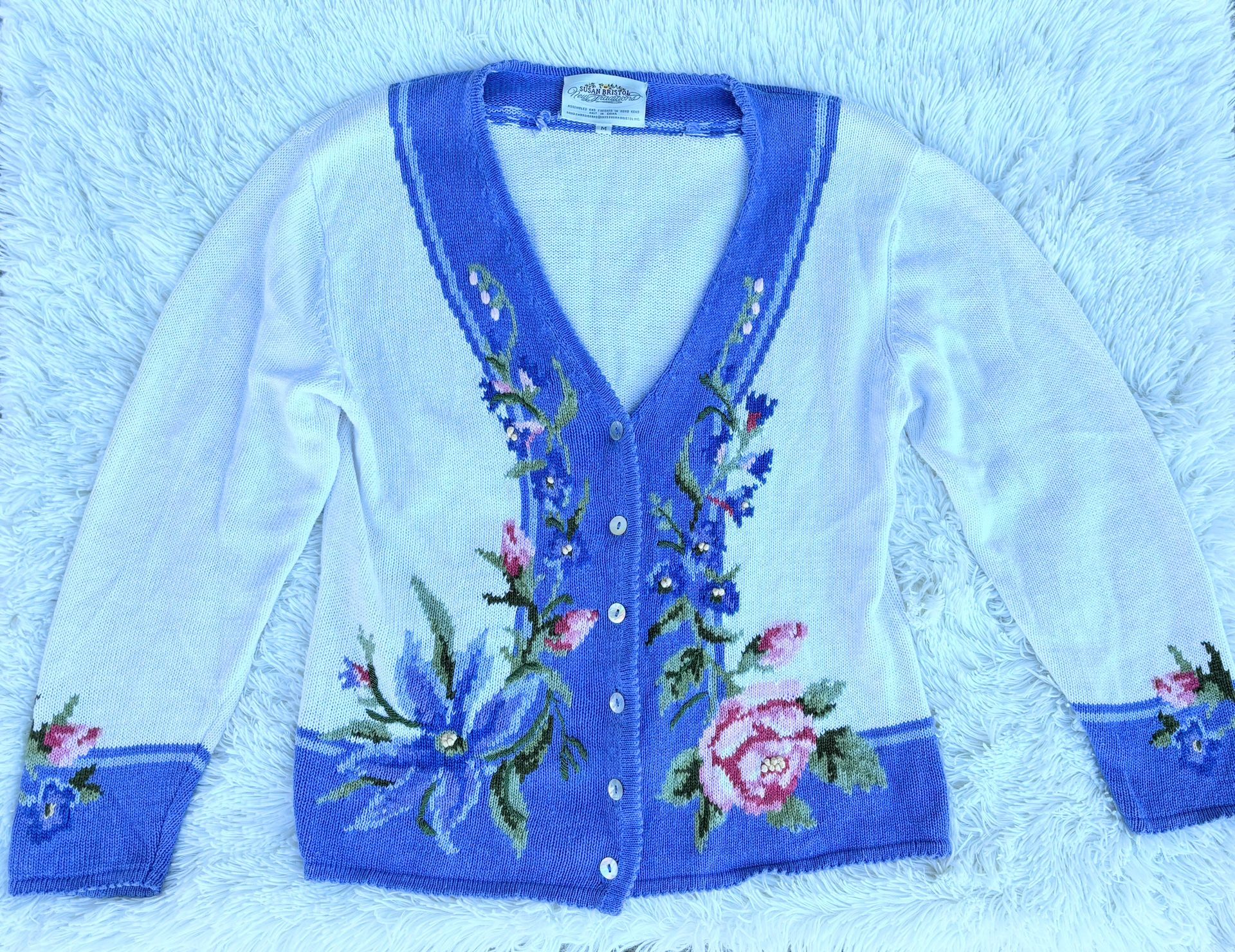 ✨RARE VINTAGE SUSAN BRISTOL CARDIGAN STUNNING FORAL DUSTY BLUE PINK SIZE M ✨