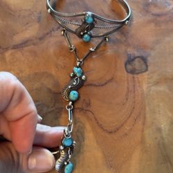 Vintage Navajo turquoise cuff and ring with chain