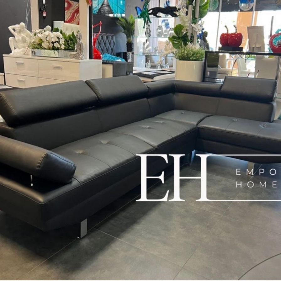 Black Faux Leather Sofa Sectional With Adjustable Headrest 