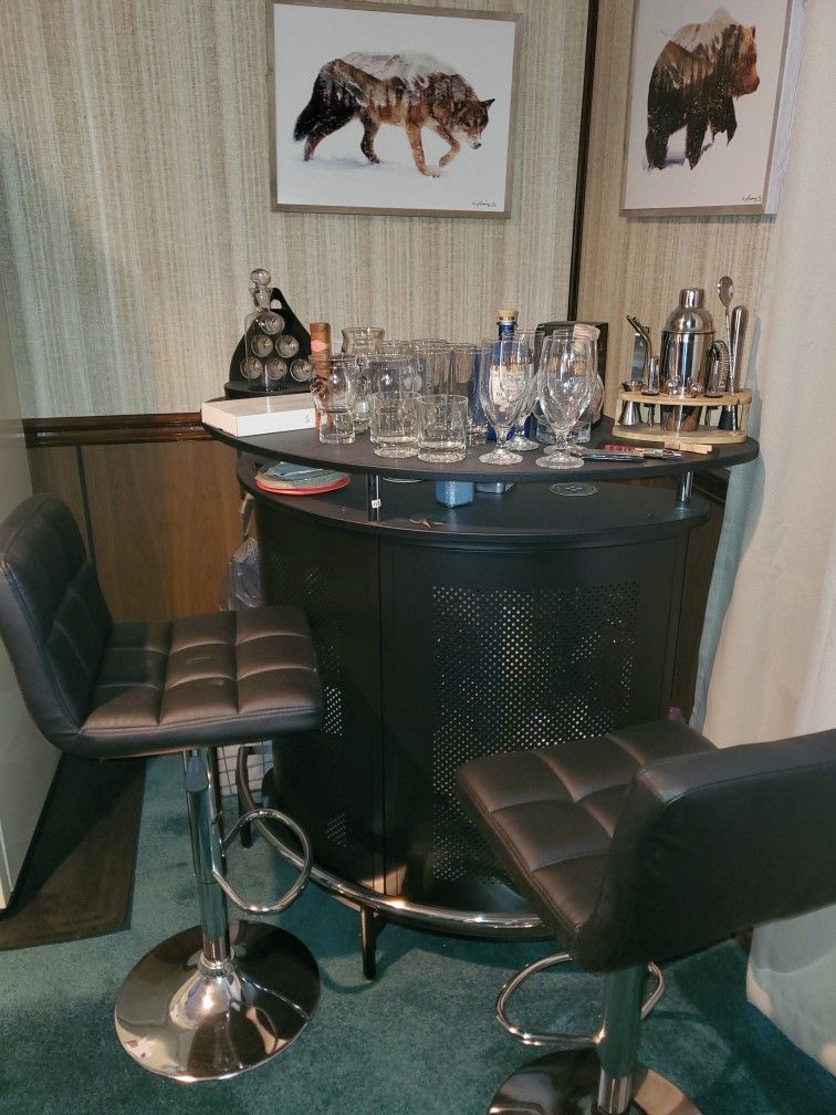 Tribesigns Bar Unit, 4 Tiers Home Bar Table with Storage and Stemware Holder, Liquor Mini Bar with Footrest and Crescent Shaped Counter for Home Pub