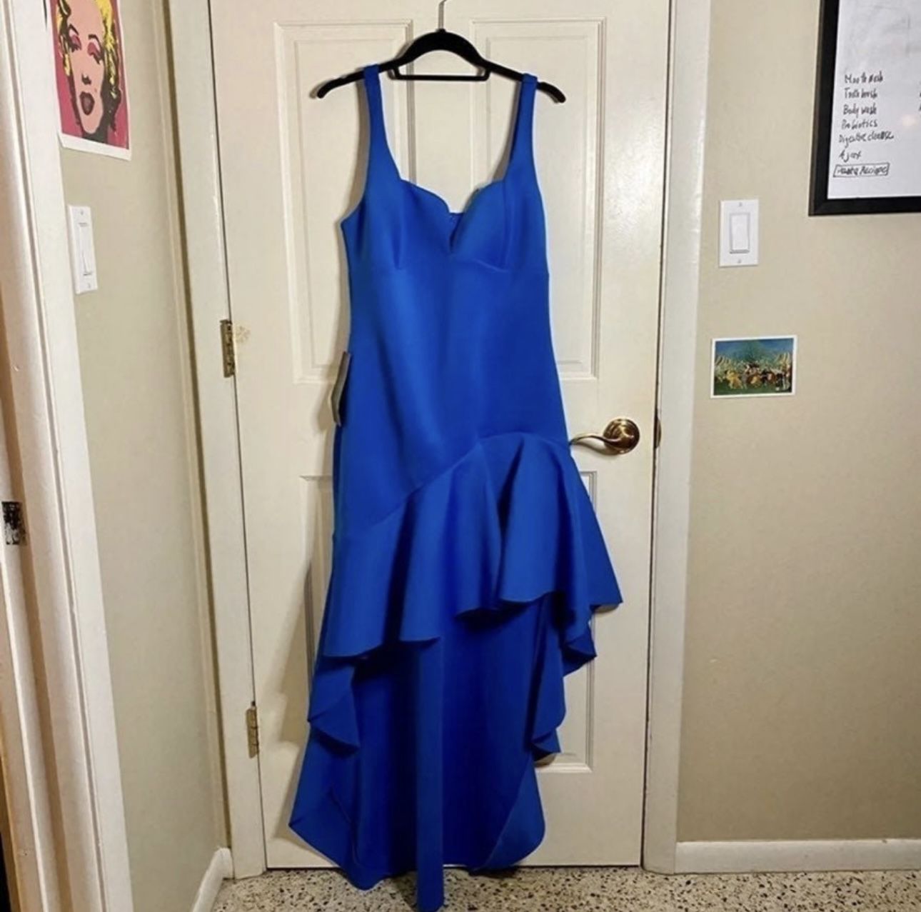 NWT Bebe Blue Asym Ruffled High Low Gown