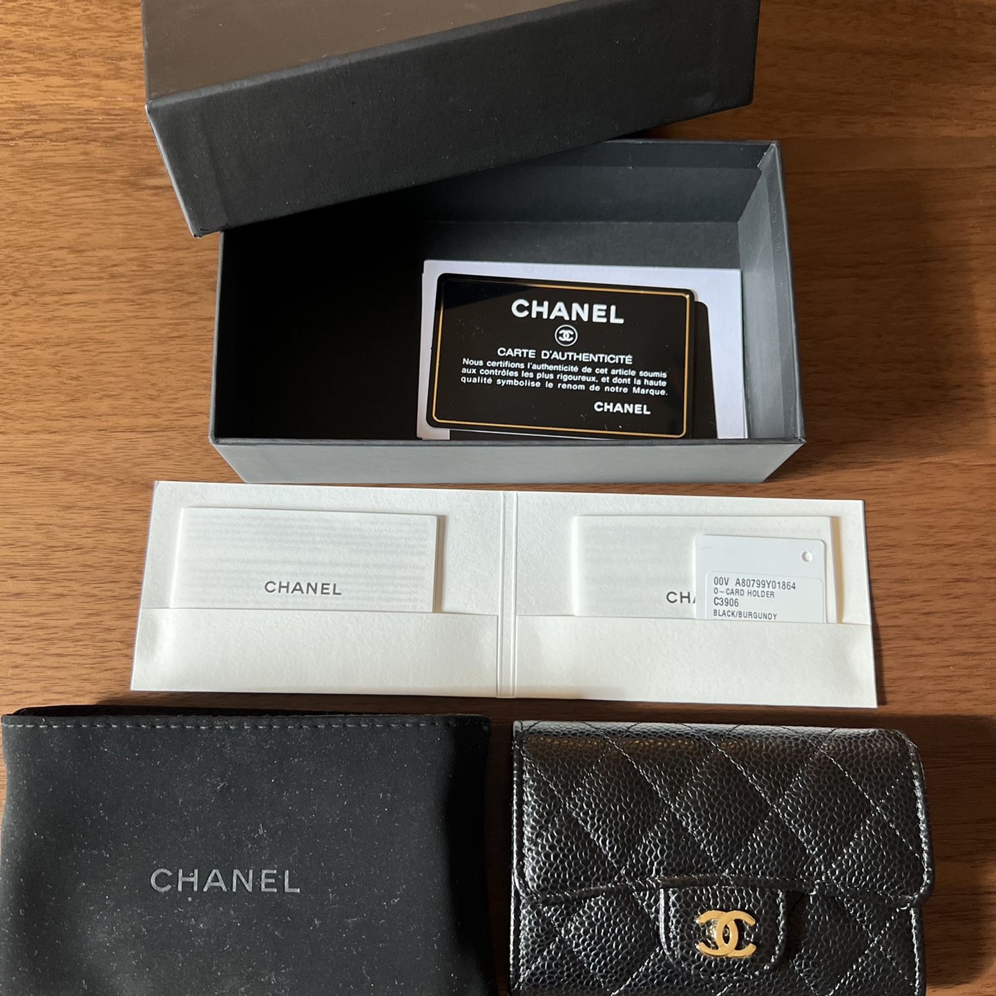 New Chanel Black Caviar Leather Gold Metal Cardholder With Box, Dust Cover, Authenticity Card