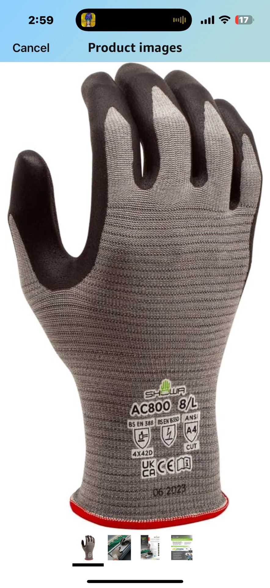 SHOWA AC800 Static Dissipative Touch Screen Compatible A4 Cut Resistant Safety Work Glove, 18-Gauge, Large (12 Pair) Style: Palm Coated Material Nit