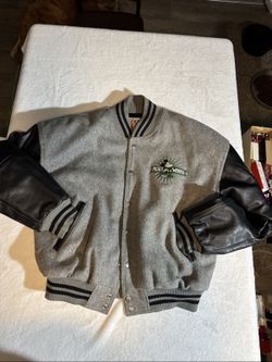 Vintage Disney Mickey Mouse Varsity Jacket Small Leather Sleeves USA Made Gray