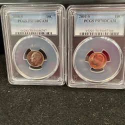 Lot Of 2 Gem Proof Perfect Graded Roosevelt Dimes Graded At PR70 2000-2001