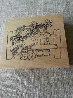 Wood Mounted Rubber Stamp Two Girls Fence