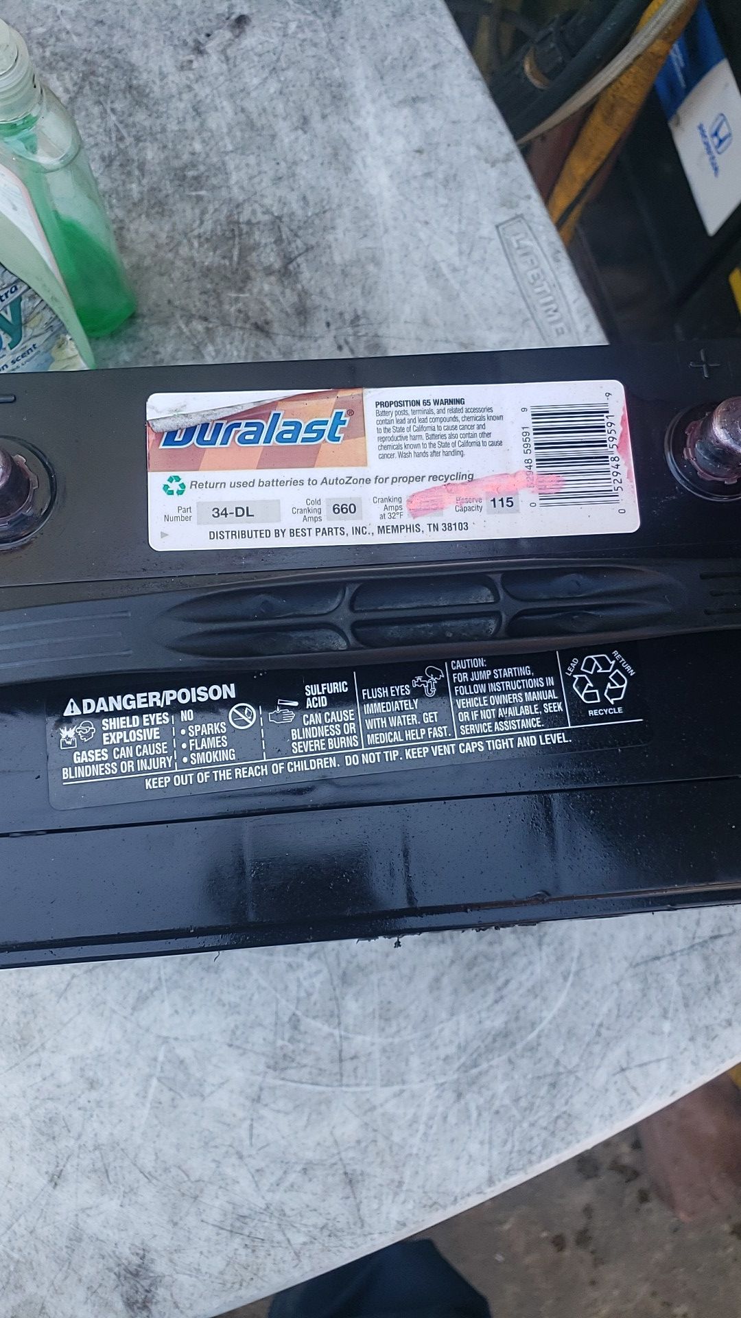BATTERY DURALAST PART #34 MANUFACTURED DATE 2018 WARRANTY 30 DAYS WITH EXCHANGE