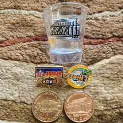 SUPER BOWL 32 & 33 Pins & Coins Joined By A Super Bowl 33 Shot Glass. 5 Items 