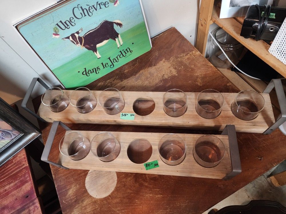 Two Rustic Wood Holders with metal handles. Use for plant vases or candles. Center piece $8 & $10