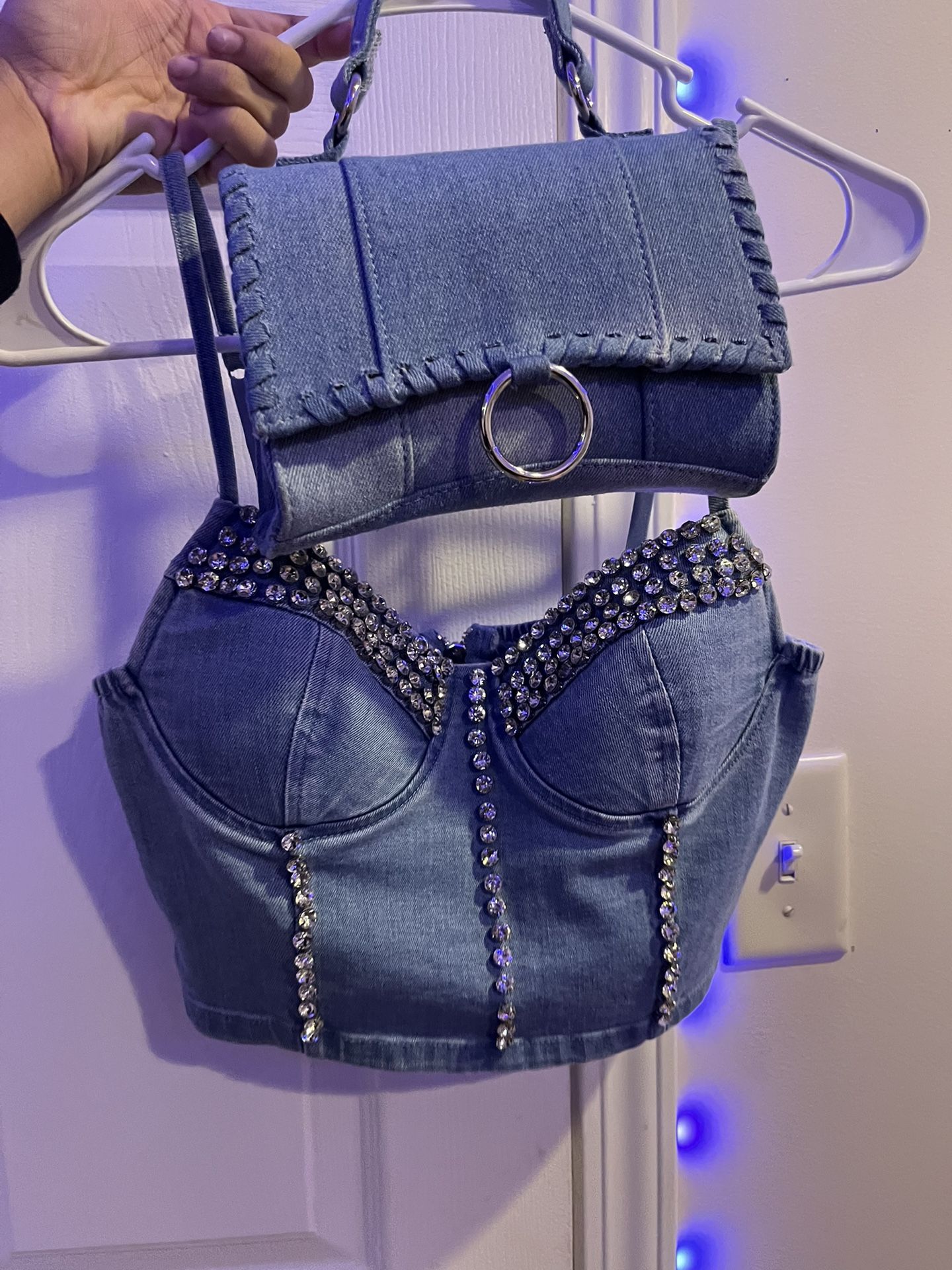 Blue denim corset top and jean bag set