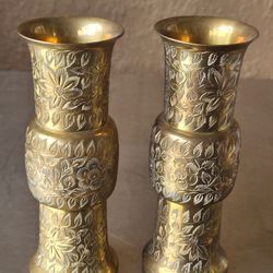 Stunning Solid Brass Etched Vase Made In India 6.25"x2.25" Each 377-T Handcarved