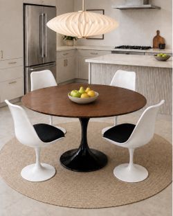 Vintage Tulip Dining Table – Saarinen Inspired Walnut Wood Top Black Pedestal – Mid Century Modern