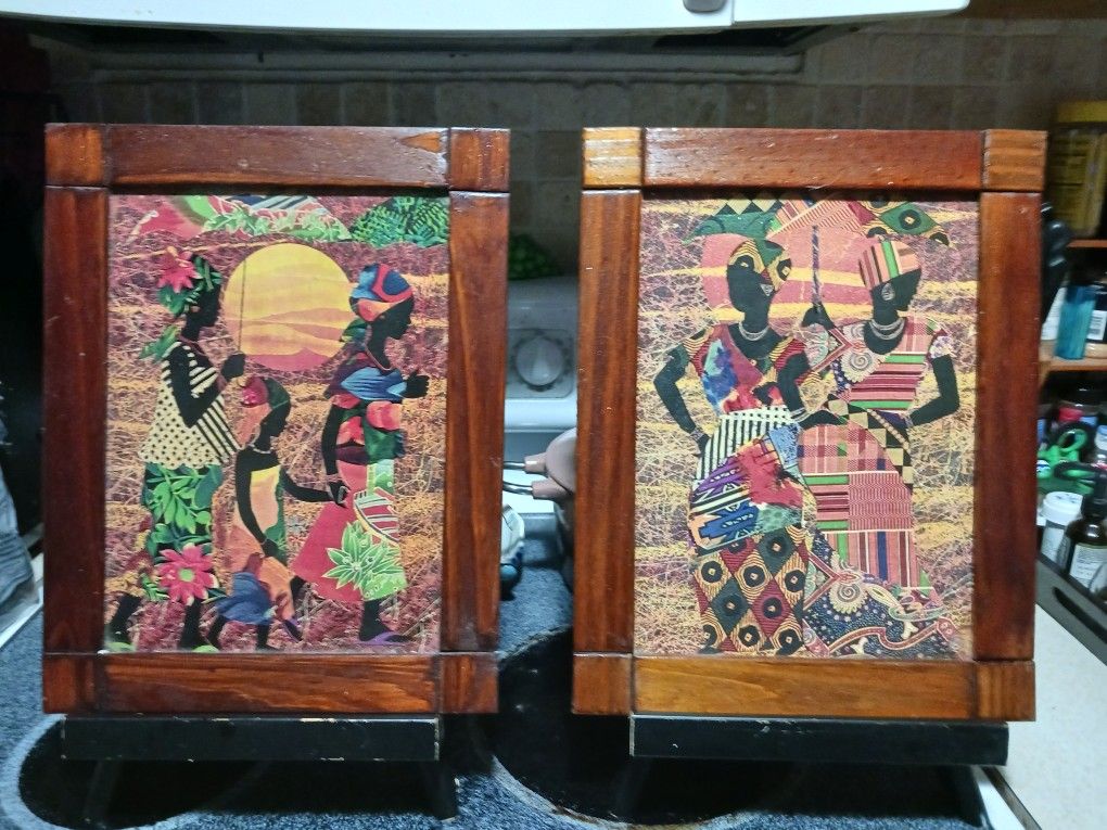2 GORGEOUS ANTIQUE WOOD COLOFUL PICS ON WOOD STANDS 10 EACH FINAL PRICE