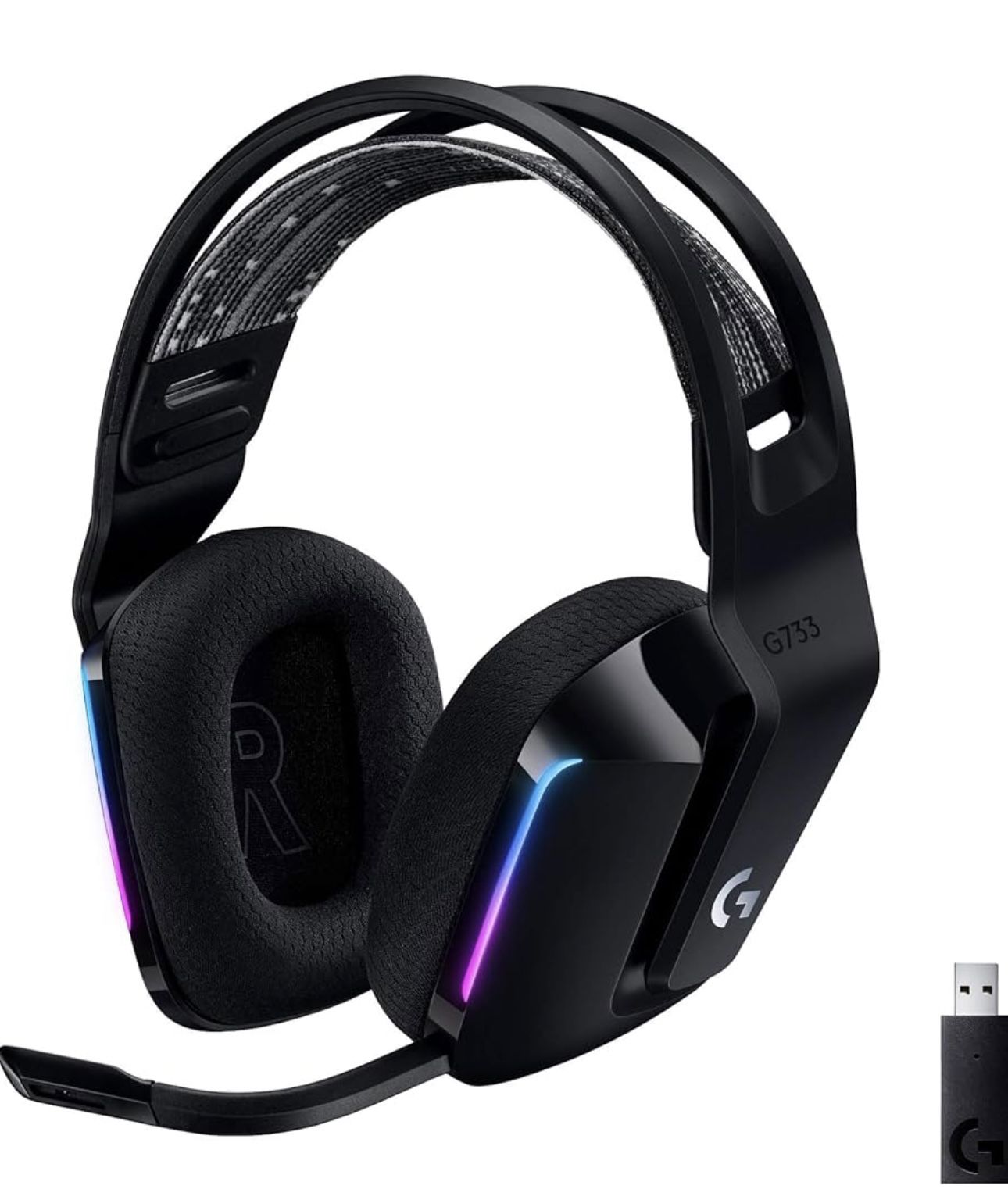 Logitech G733 Lightspeed Wireless Gaming Headset, Suspension Headband, Lightsync RGB, Blue VO!CE Mic, PRO-G Audio – Black, Gaming Headset Wireless, PC