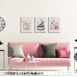 Fashion Women Canvas Wall Art Pink Flower Perfume Modern Art Prints with Book High Heel 3 Pieces Canvas Pictures Girl Room Wall Decor for Women