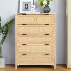 Natural Wooden Rattan 5-Drawer Storage Cabinet Dresser (15.74in.D x 31.49in.W x 43.3in.H)