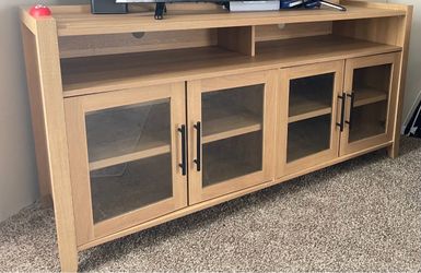 70’ Light Wood TV Stand with Glass Door Cabinets