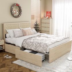 Queen Rattan Wooden Bed Frame & Storage 