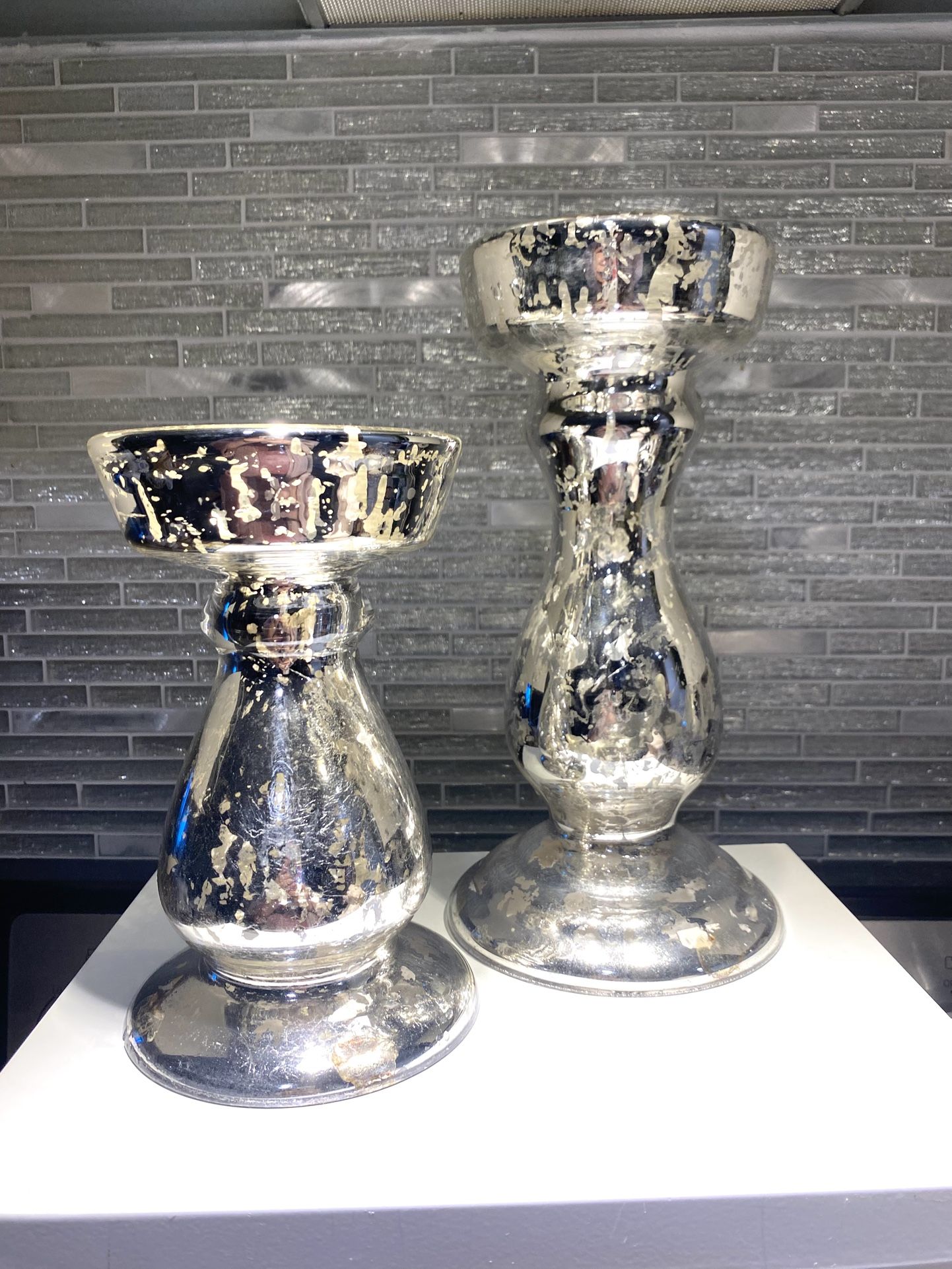 Beautiful Mercury Glass Larger Pillar Candle Holders Set of Two - 11” tall and 8” tall