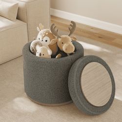 Round Storage Ottoman Foot Rest - Sherpa Upholstered Foot Stool, Vanity Stool for Living Room & Bedroom