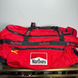 Vintage Marlboro Rolling Duffle Bag | Large Red Travel Luggage with Wheels