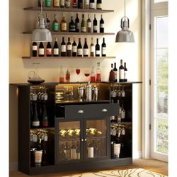 Bar Table Cabinet with LED & Drawer, Mini Liquor Bar with 8-Tier Storage & Stemware Holder, Wine Alcohol Bar Stand with Glass Door & Adjustable Wine R