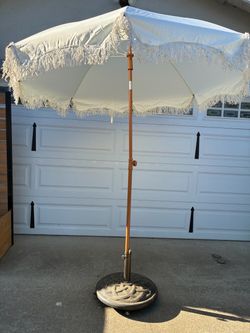 6.5’ tall White Fringed Outdoor Patio Umbrella