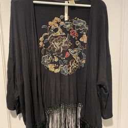 Light weight Sleeved Shawl with embroidered Flowers and Birds with Fringe Size Large