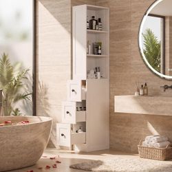Tall Narrow Bathroom Storage Cabinet, 67" Floor Cabinet with 2-Way Reversible Door & 3 Drawers, Narrow Pantry Linen Tower with Adjustable Shelves for 