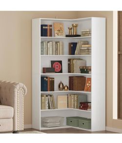 ANCTOR Corner Bookshelf, 6 Tiers Corner Bookcases with Baffles Etagere Shelf Storage Rack for Living Room Home Office, White